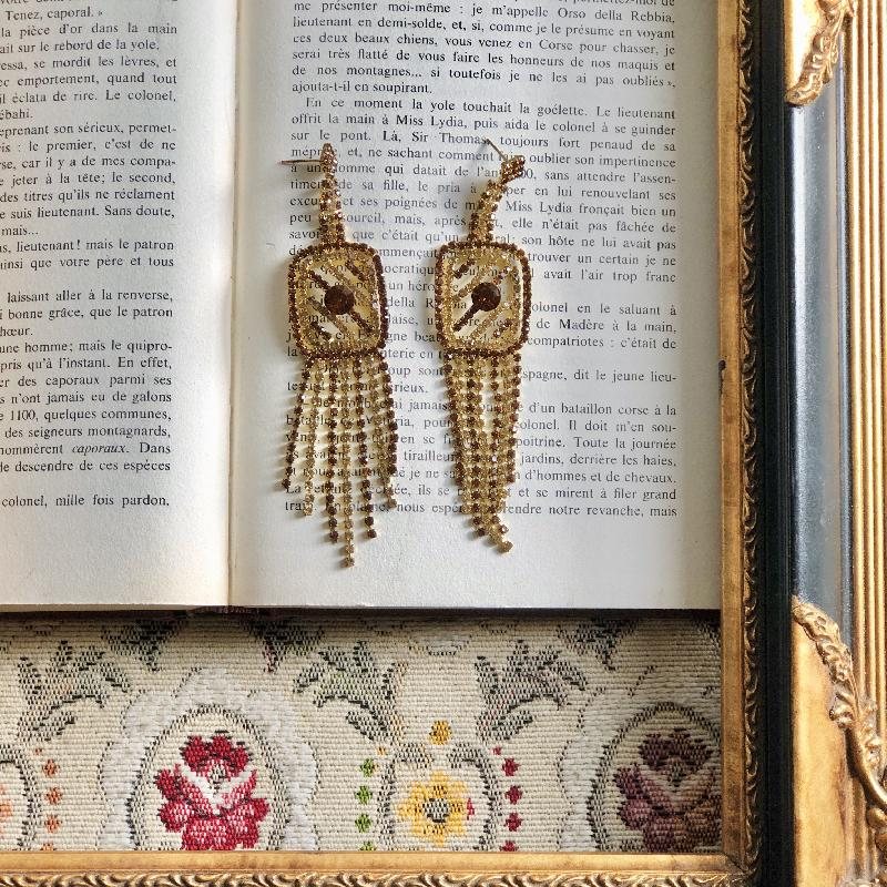 C.a. 1980s Amber Brown and Yellow Rhinestone Flapper Cocktail Tassel Pierce Earrings(MT1802)