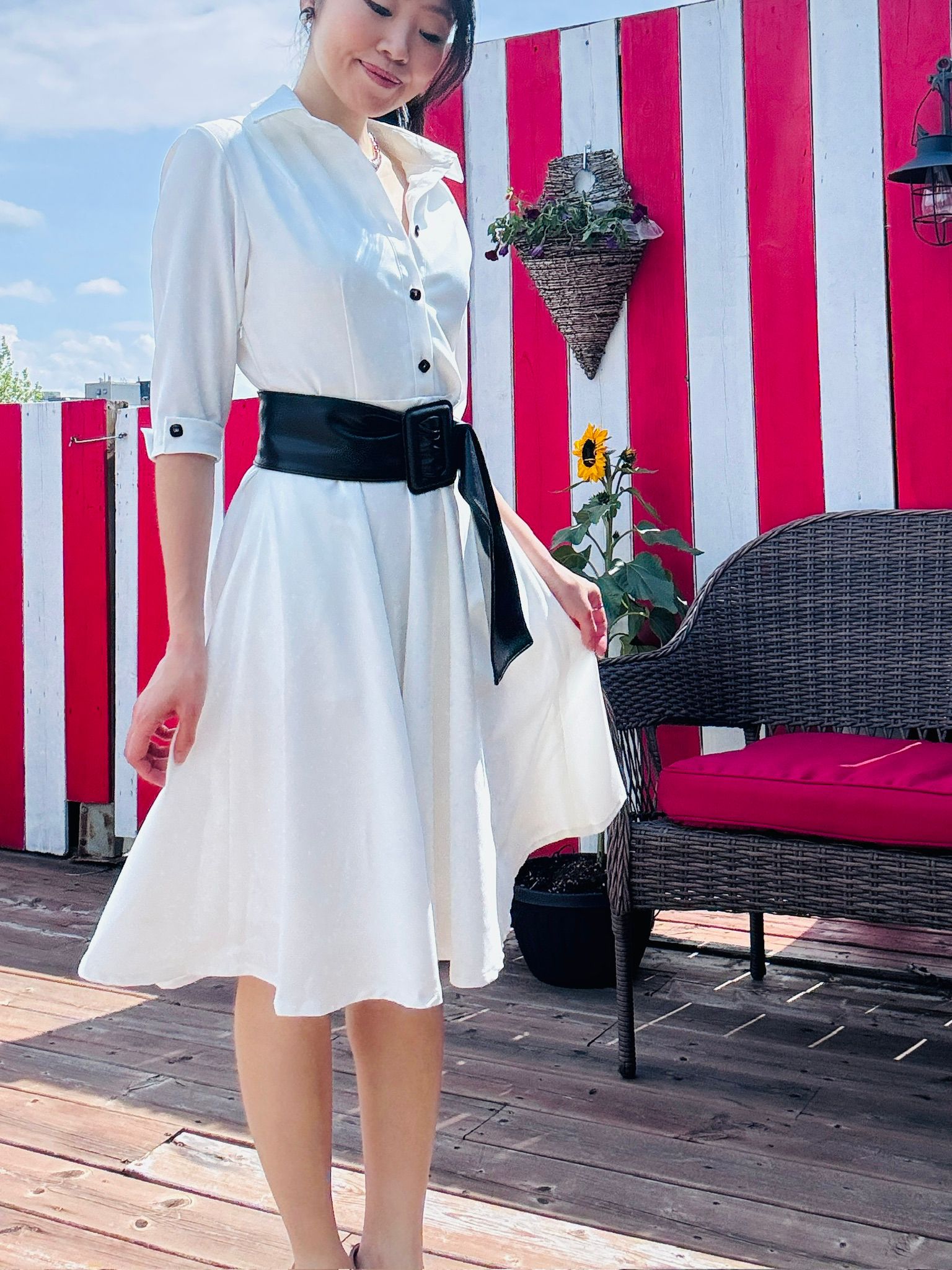 (Custom-Made) Ivory Heirloom Shirtdress with Vintage Buttons and Belt (FM237)