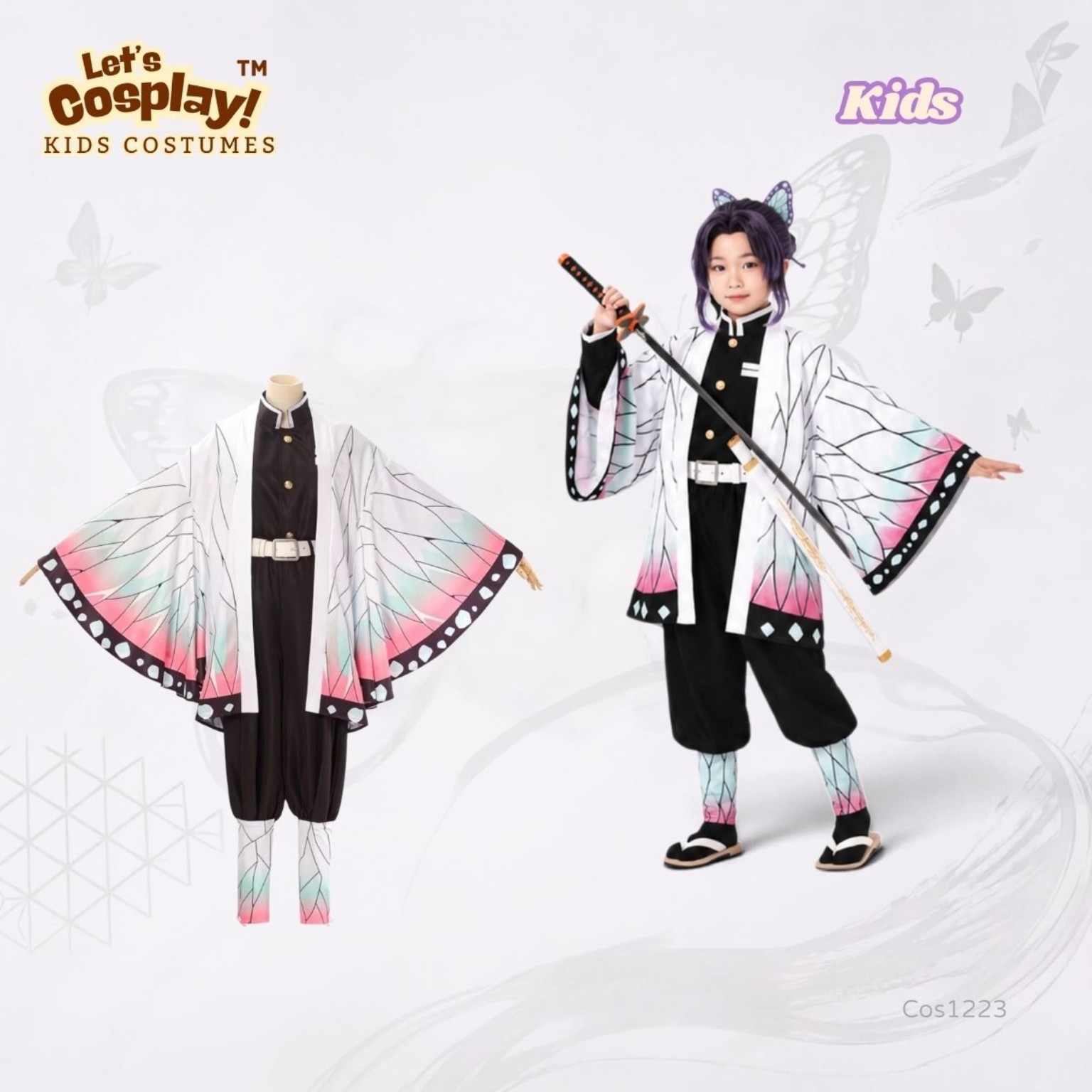 鬼滅之刃胡蝶忍主題兒童服裝 蝴蝶紋外衣 Kids Shinobu Costume 角色扮演