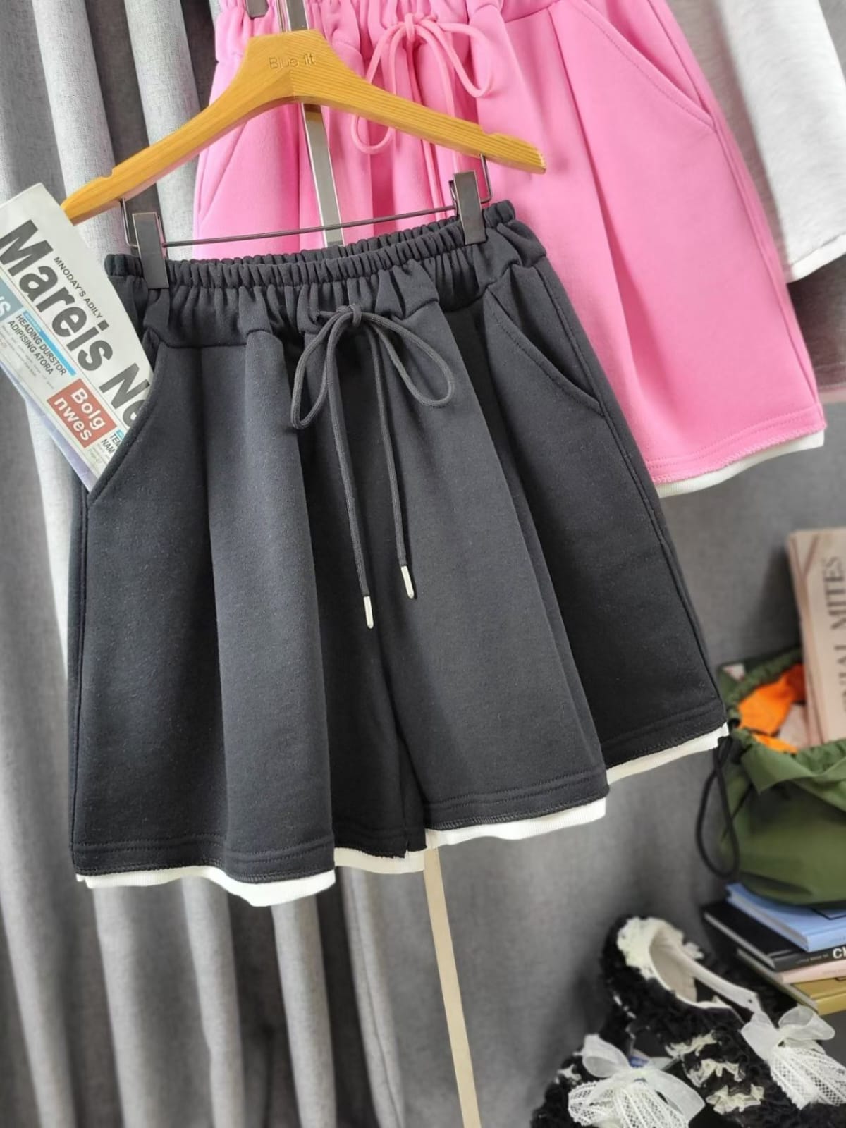 🩵【顯瘦神褲】假兩件撞色邊闊腳短褲