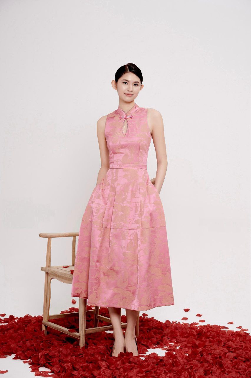 串珠露腰旗袍连身裙 2135 粉色/米色