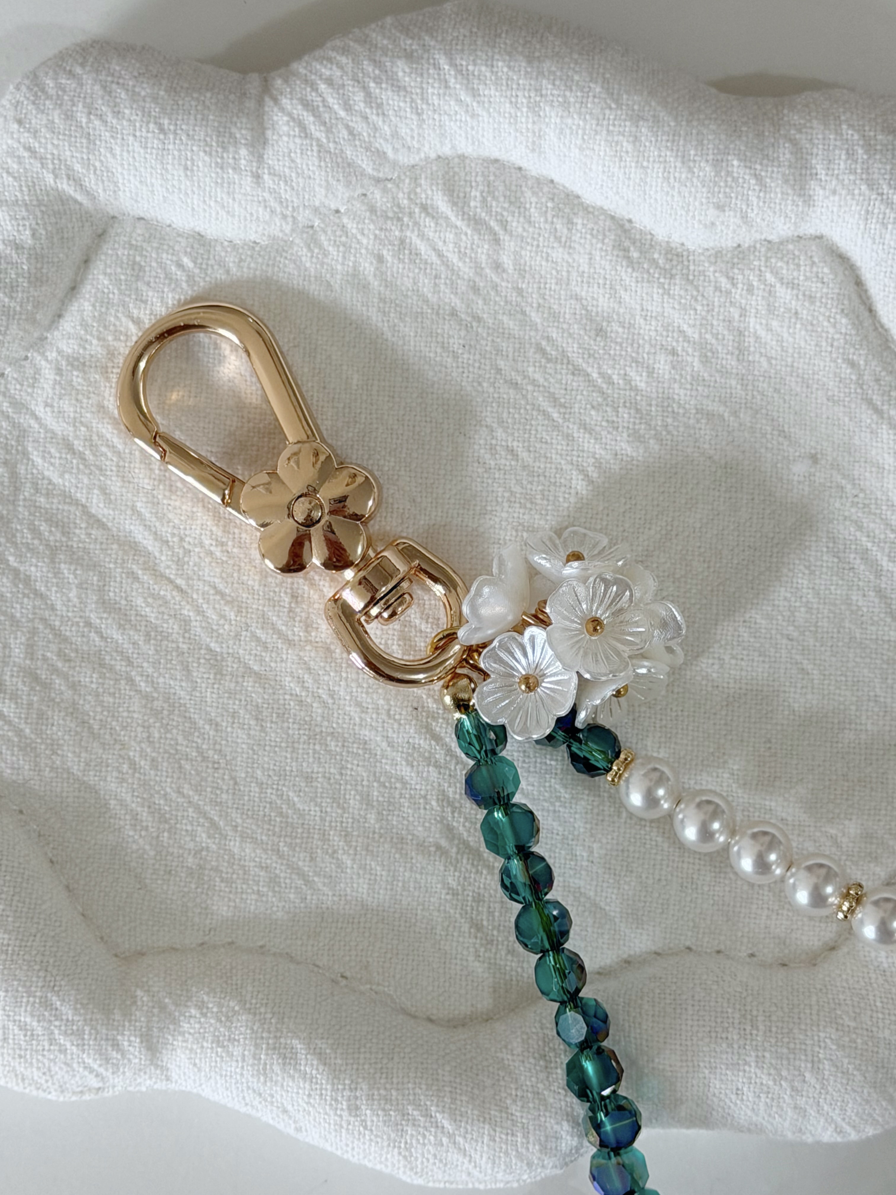 復古彩珠電話繩/ 小花藍 x 粉彩綠色