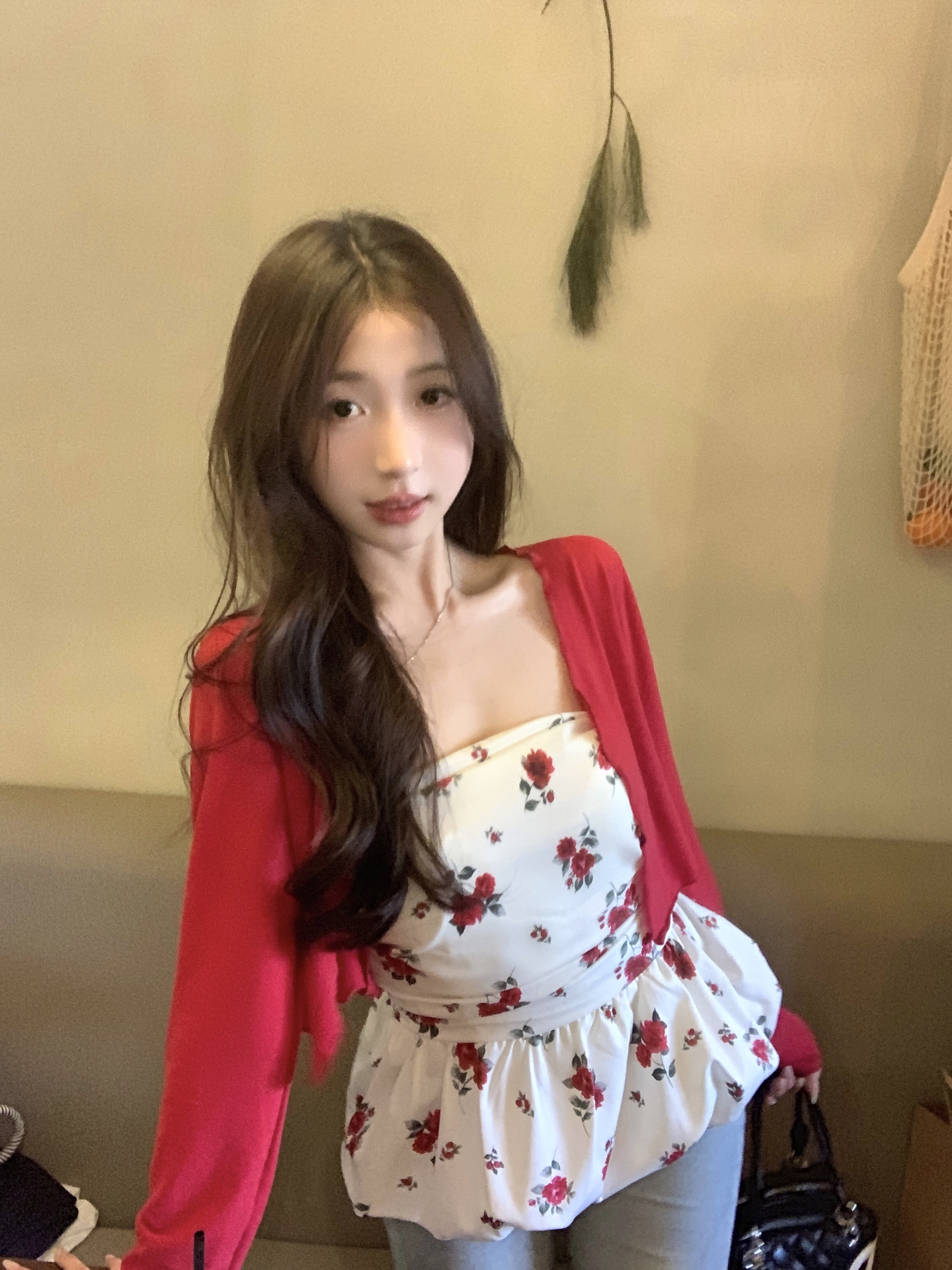 B193(5036) 韩系复古碎花下摆花苞边抹胸上衣与开衫红两件套上衣 