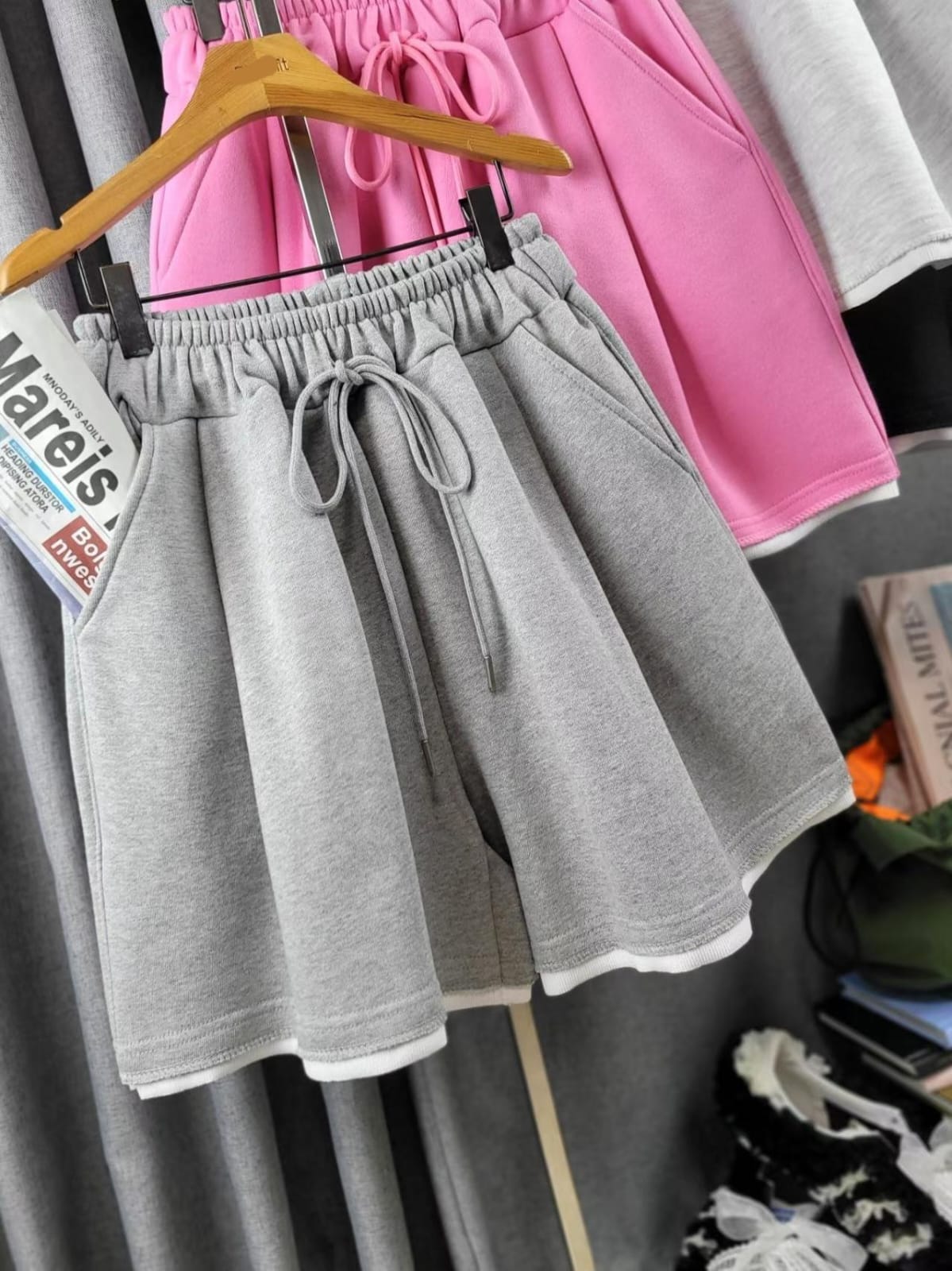 🩵【顯瘦神褲】假兩件撞色邊闊腳短褲