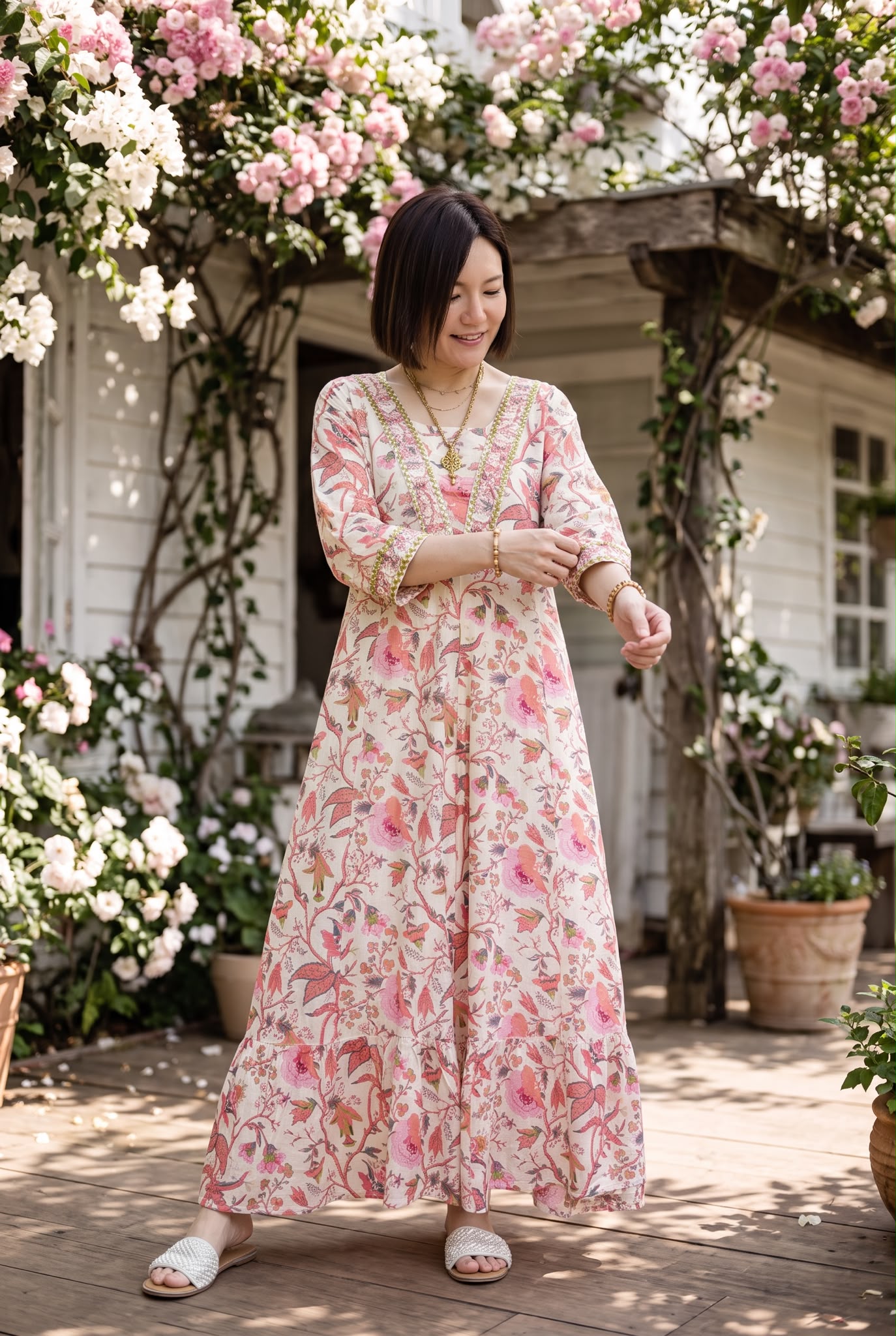 2924 Beige with Pink Floral Print with Beads Collar OP