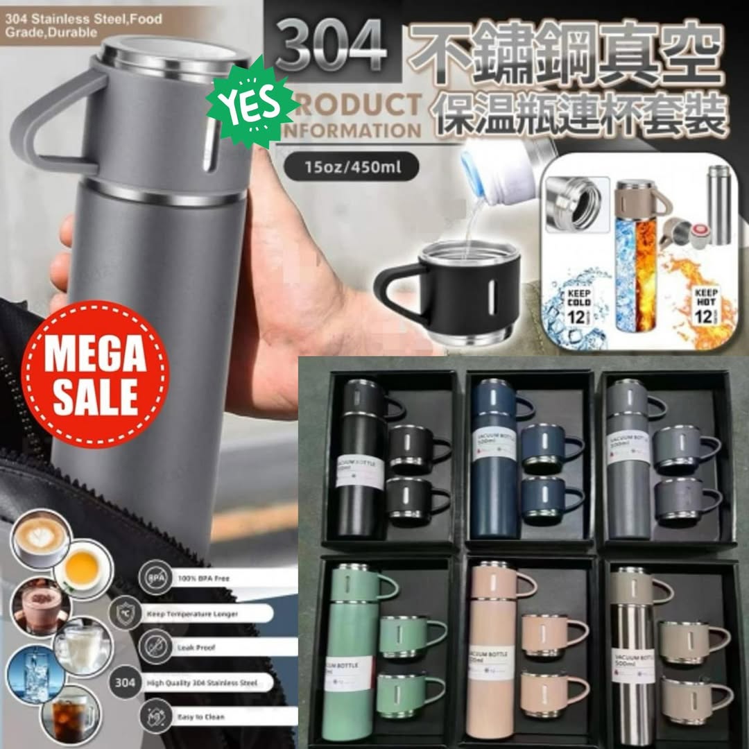 YW260653 - 304不鏽鋼真空保温水瓶連3杯套裝