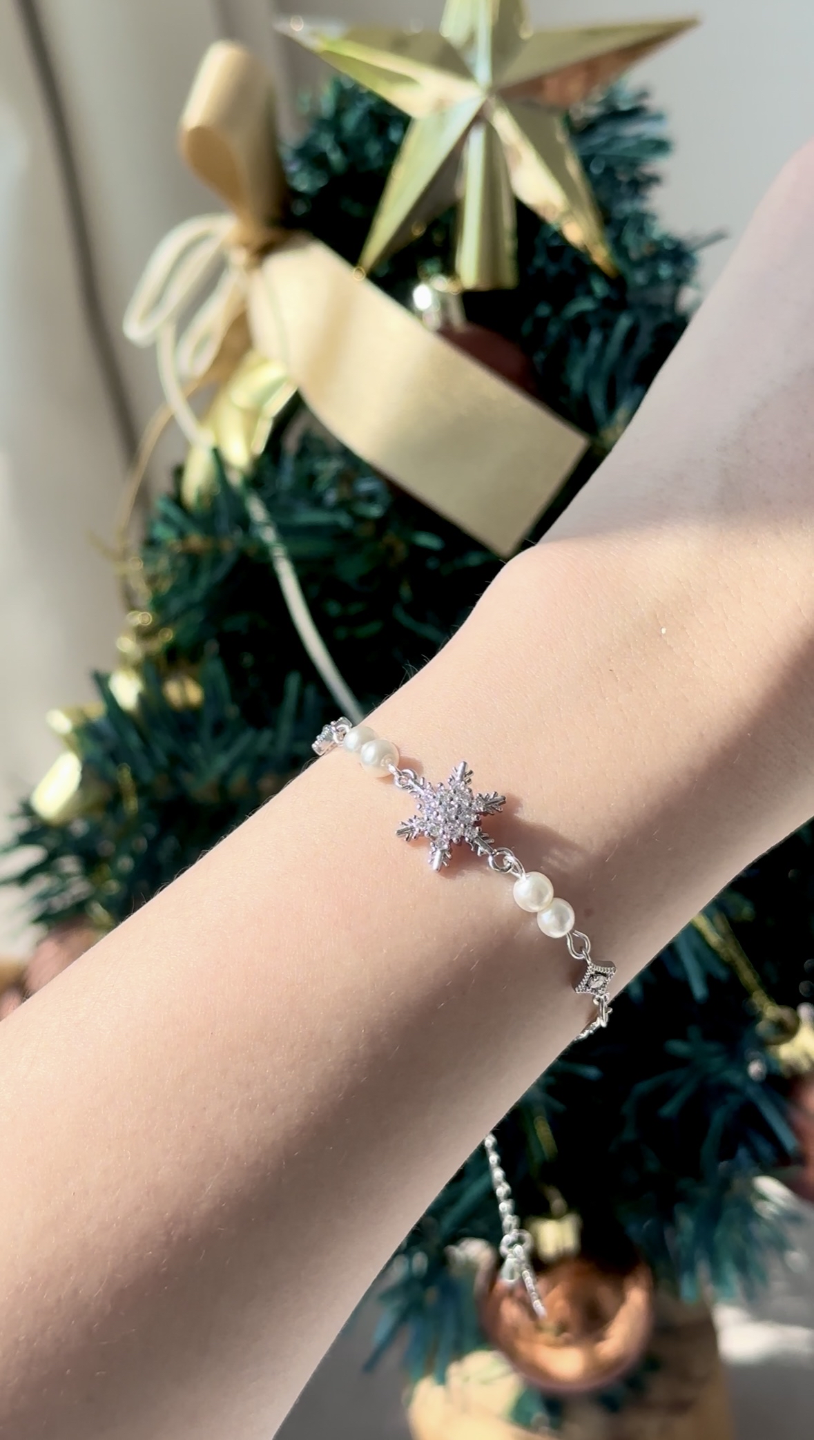 |🎄聖誕組合裝| 旋轉雪花鑽耳環(銀)❄️+珍珠雪花手鏈✨