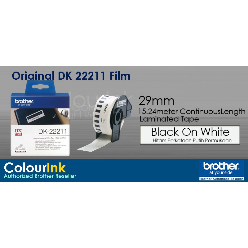 Brother Original Continuous Length Film Tape DK-22211 29mm Black on White Label Sticker QL700 QL720 QL800 QL820NWB