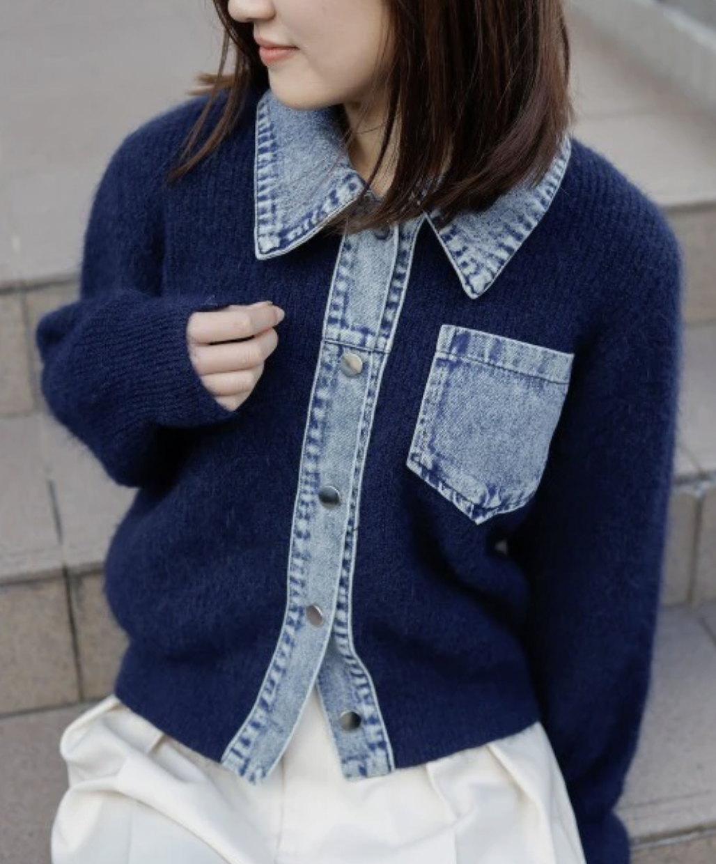 <限量現貨><JP> 新色加入！時尚設計感～牛仔布拼 Knit Cardigan* 2色入