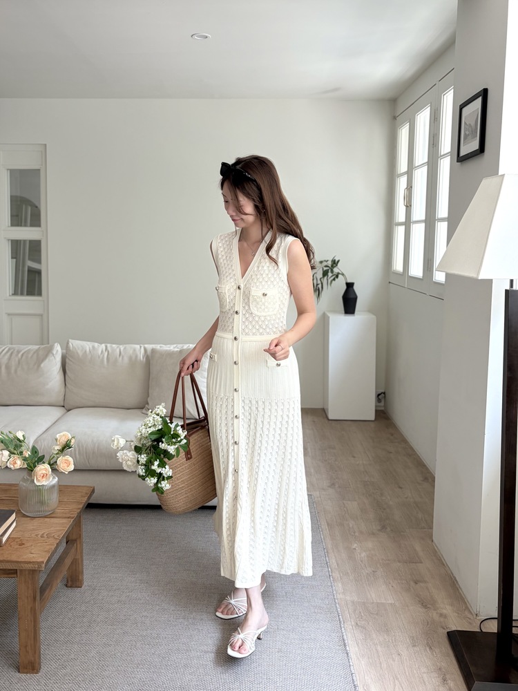 Buttoned Crochet Knit Dress (Ivory)