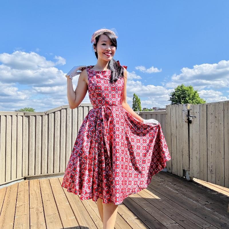 (Ready-Made) 1950s Style Silk Lustre Texture Boat Neck Fit & Flare Swing Dress With Bow Accent on Shoulder（FM213）