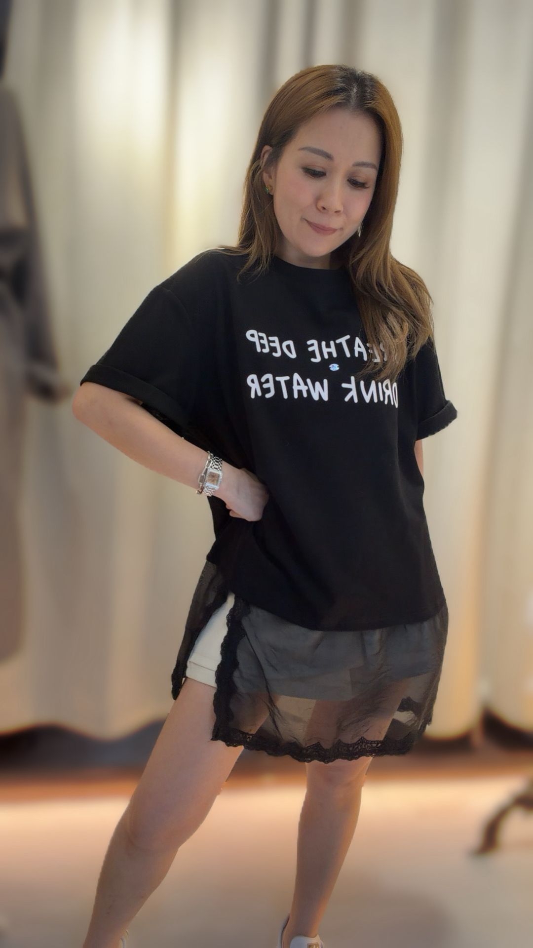 NEW寬鬆字母印花網紗喱士邊T恤