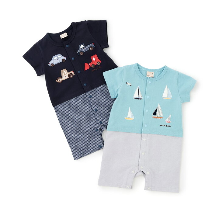 🇯🇵預訂 日本直送🇯🇵Petit Main兩色車車帆船刺繡貼花短袖連身服
