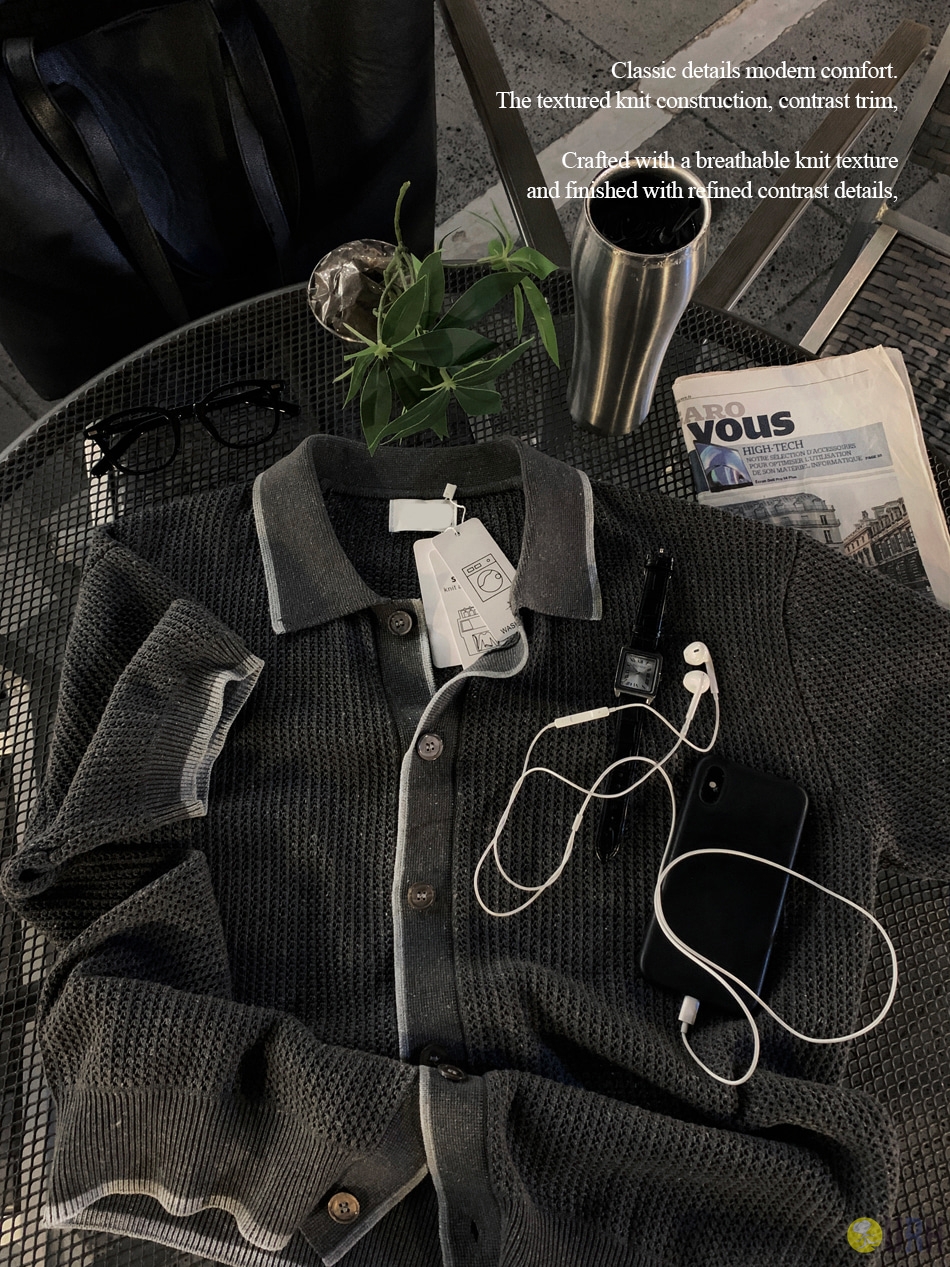 【100%保證韓國直送】Allday Sukashi Linen 鏤空麻質撞色領短袖針織開衫 🧥 [3 color] RL115156