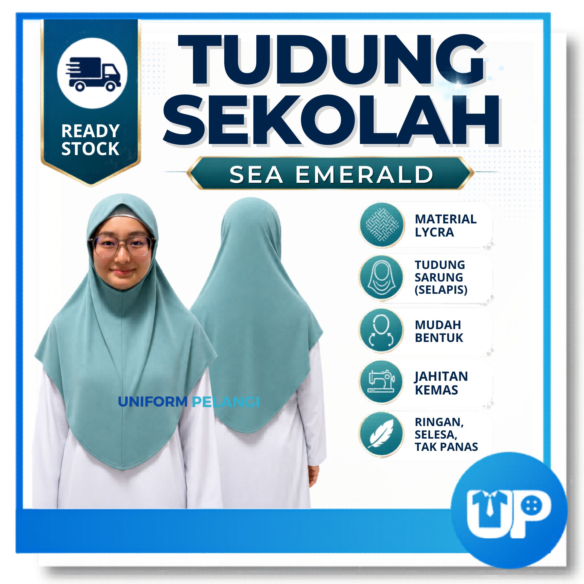 Tudung Sekolah Sea Emerald Awning Lembut Selapis Kain Lycra Hijab Awning Lycra Uniform Sekolah