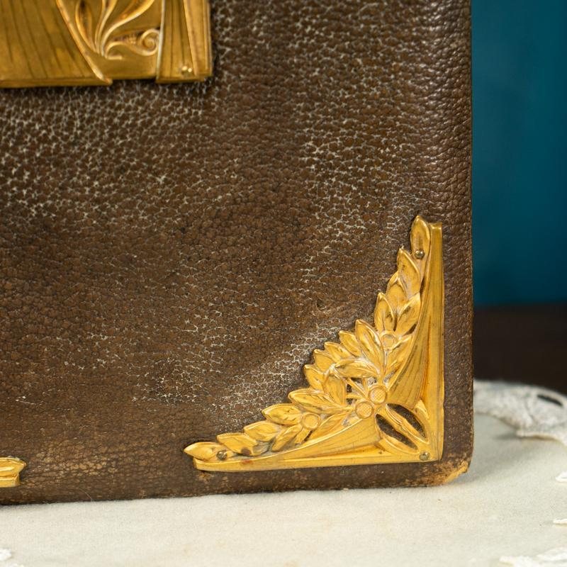 Rare Antique Signed 1904 Brown Leather Cover with Bird Embellishment Photo Album Book (MX014)