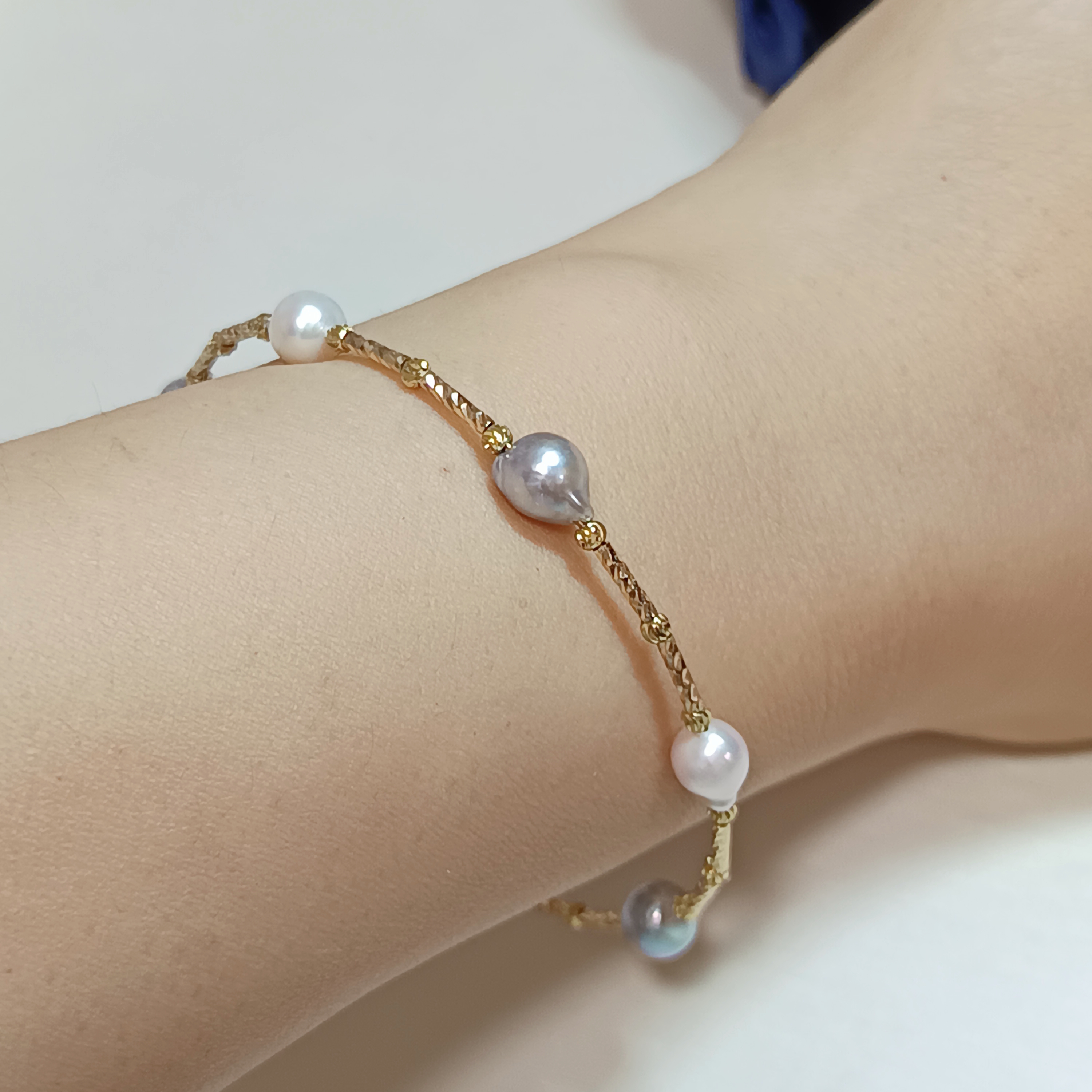 特價品‼️日本akoya+真多麻巴洛克海水珍珠注金彈力手圈