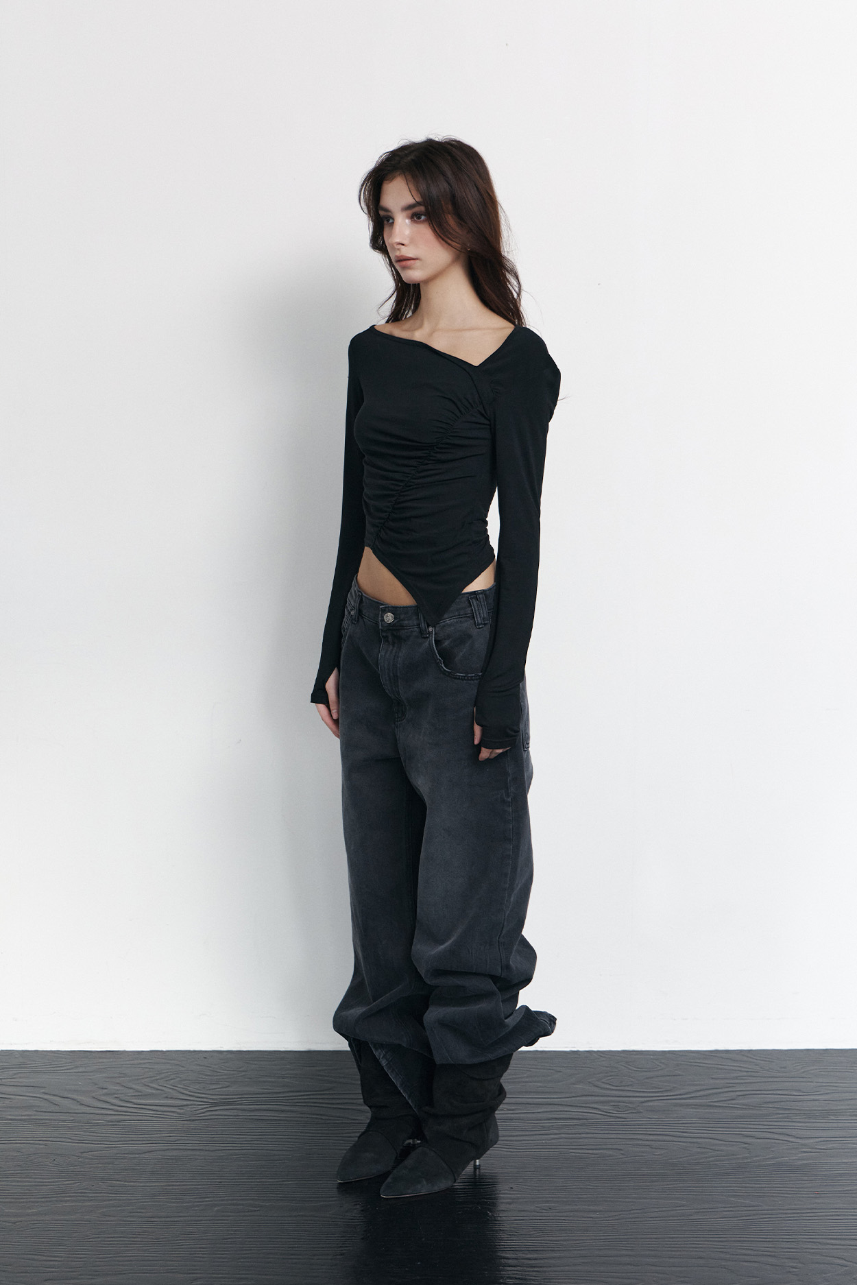 pleaseNOFOLLOW - Sadie Unbal Shirring Long Sleeve Top (Black)