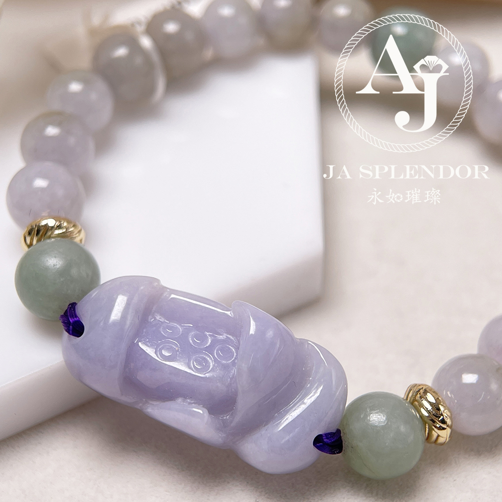 JN-353 天然翡翠A玉- 春彩濃紫蓮花清心安神編織手串 