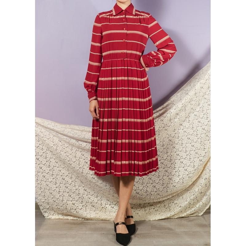Vintage Japanese Linear Pattern Red Shirtdress Pleated Day Dress(MT1608-104)