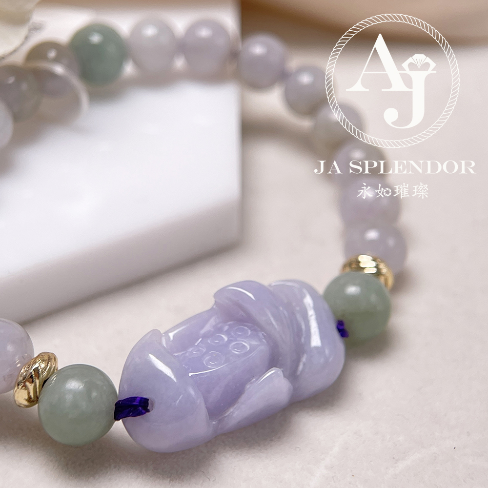 JN-353 天然翡翠A玉- 春彩濃紫蓮花清心安神編織手串 