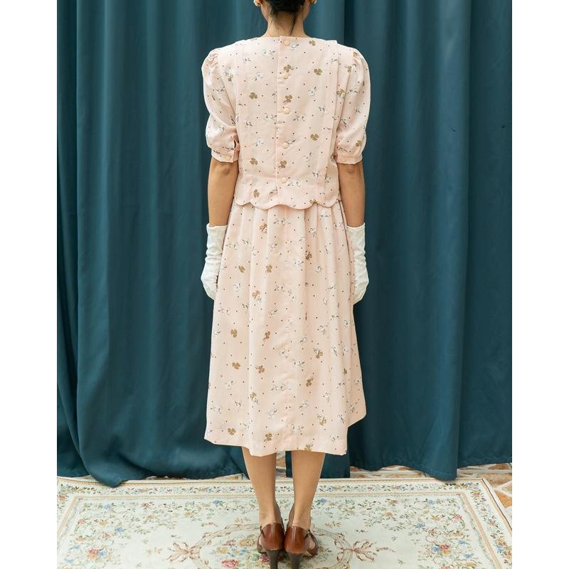 C.a. 1980s Japanese Ralph Baker Pale Pink Scattered Floral Pattern Faux Twin Set Dress (MT1608-67)