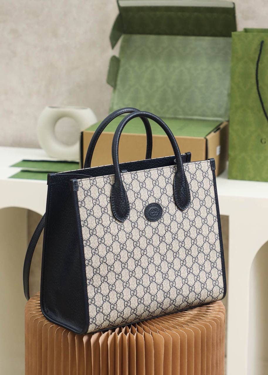 Gucci Signature Print Tote Bag with Leather Trim