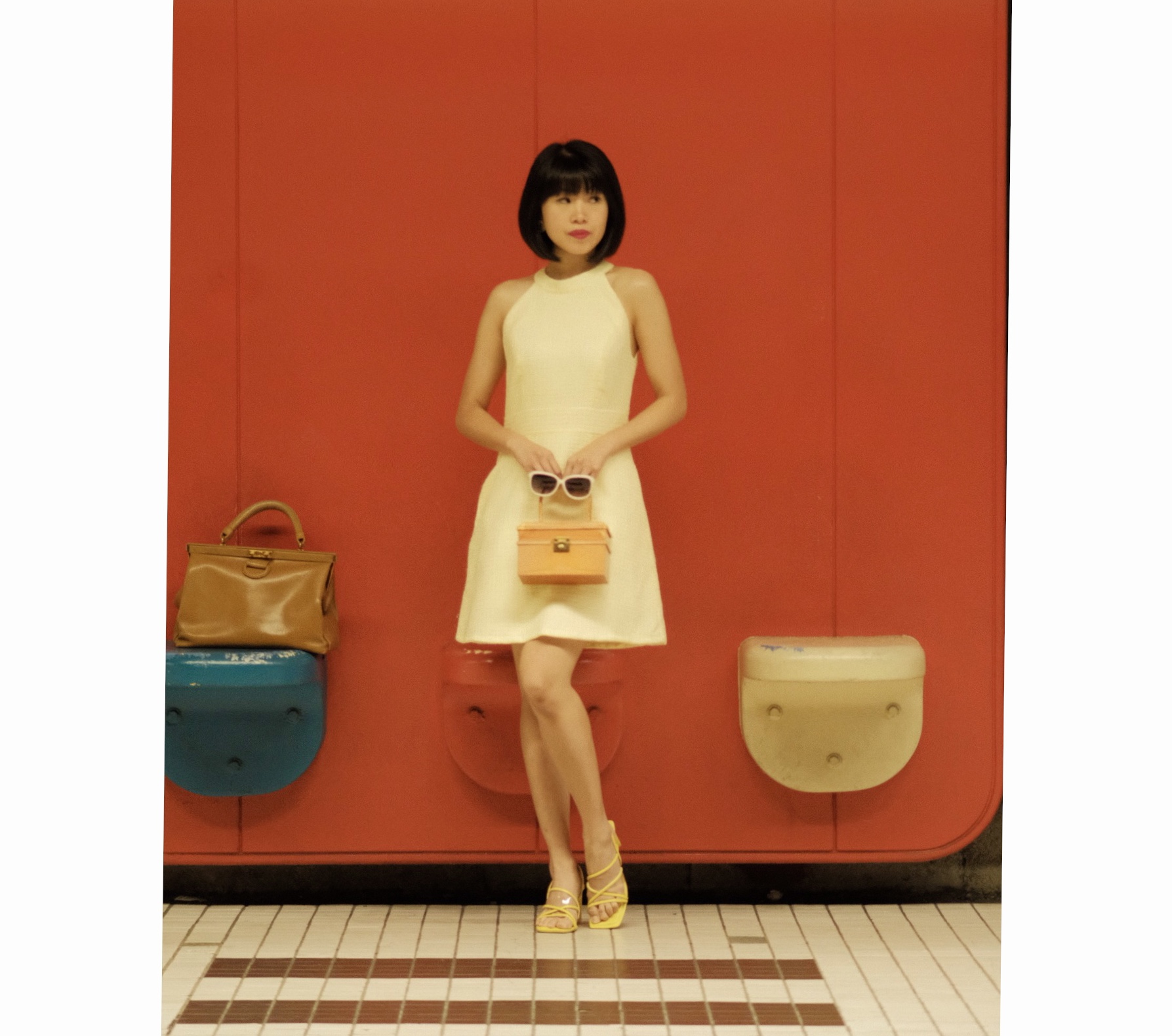 (Ready-made)1960s MOD Yellow Raised Geometric Pattern A-Line Dress(FM135)