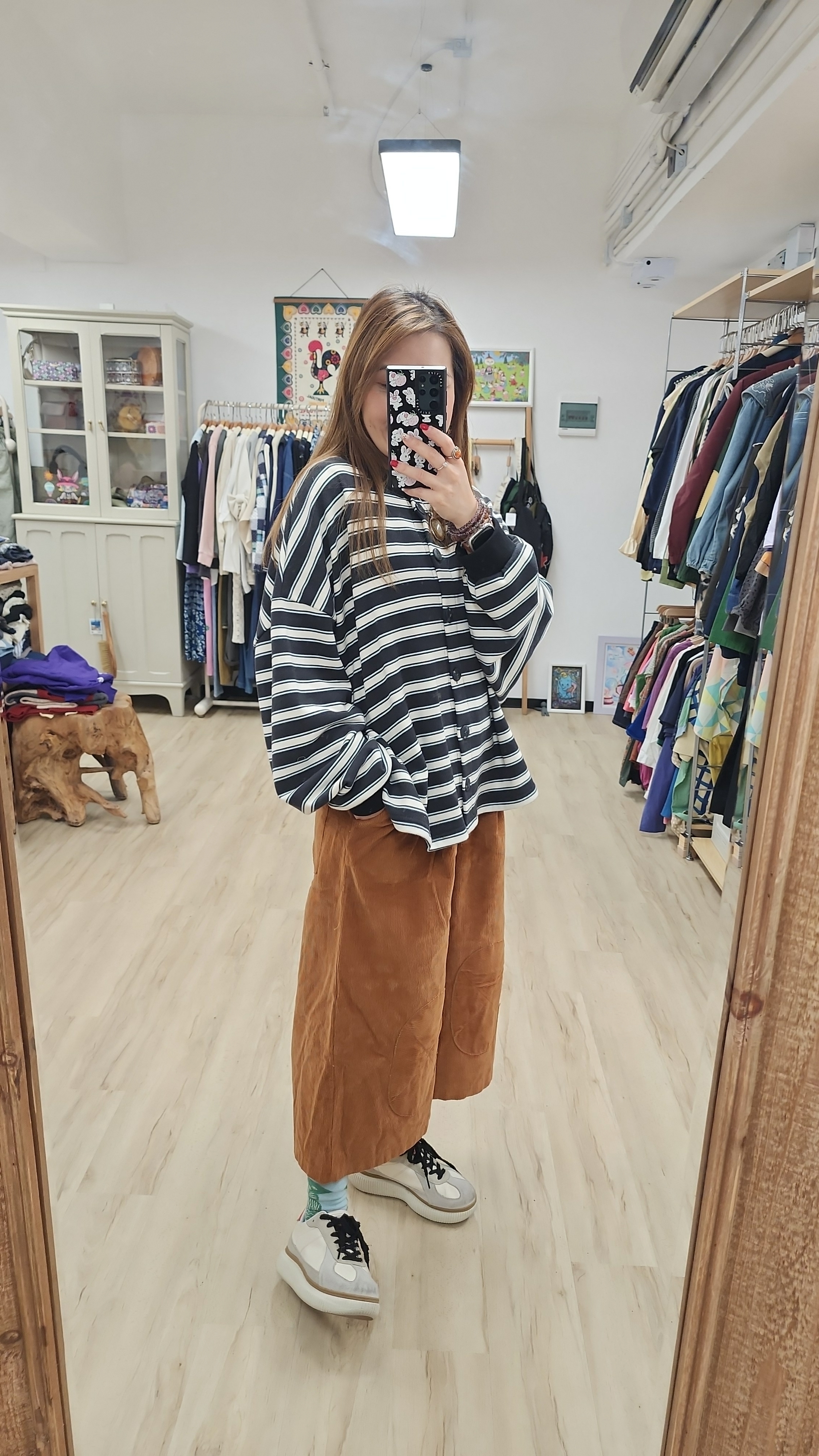 韓國炭灰米白橫間闊棉外套