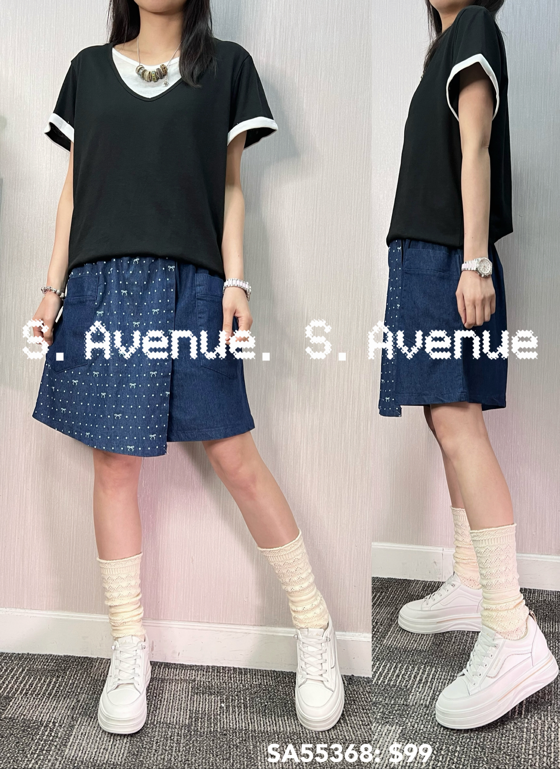 SA55368: 短袖V領淨色假兩件tee