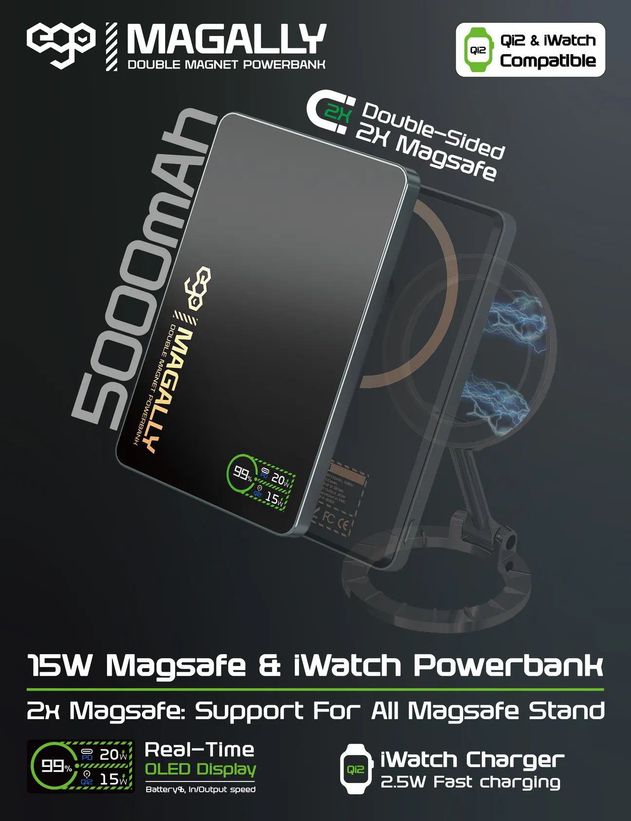 EGO Magally 5000mAh 雙面磁吸無線充電移動電源，兼容 Qi2 和 iWatch