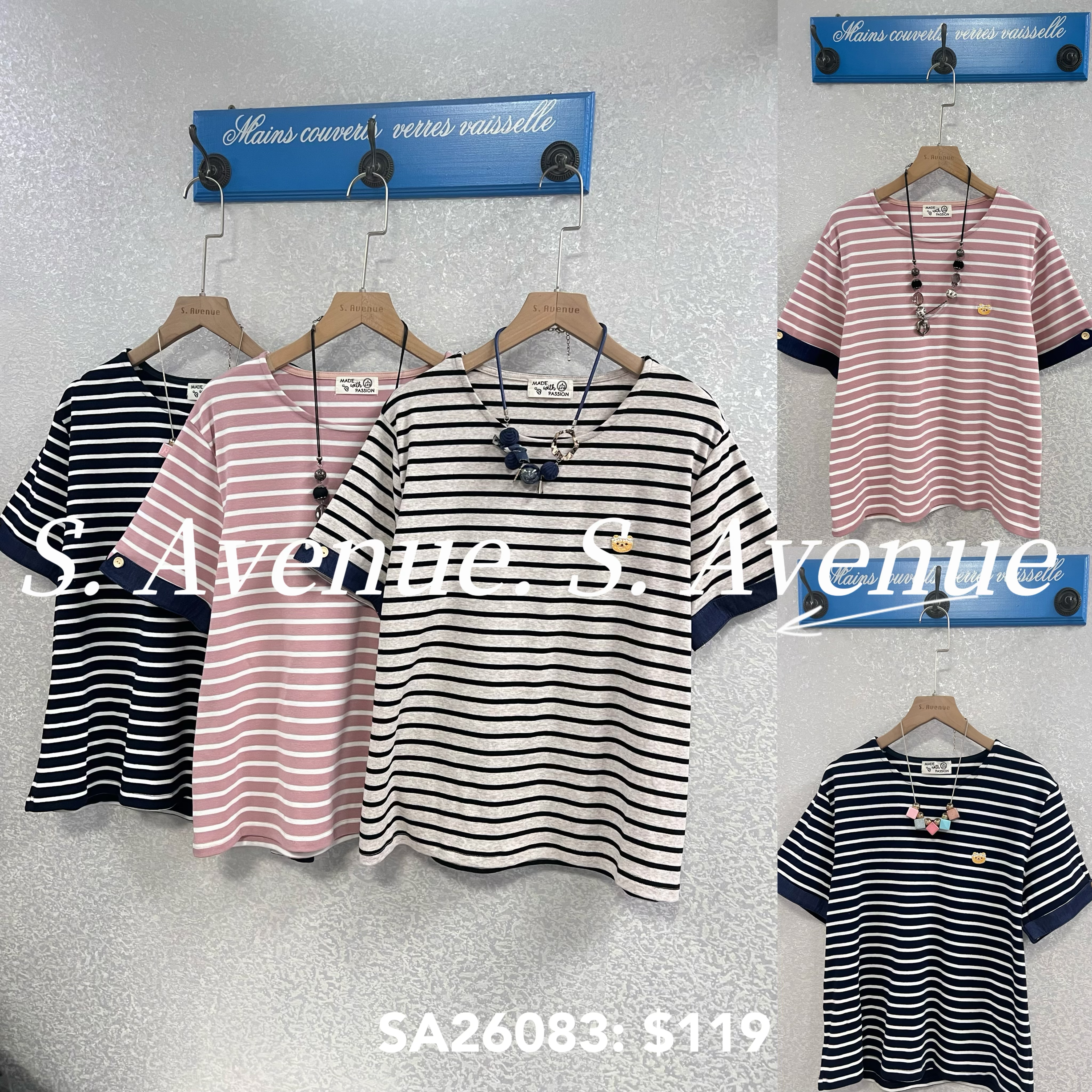 SA26083: 短袖反袖邊間條tee