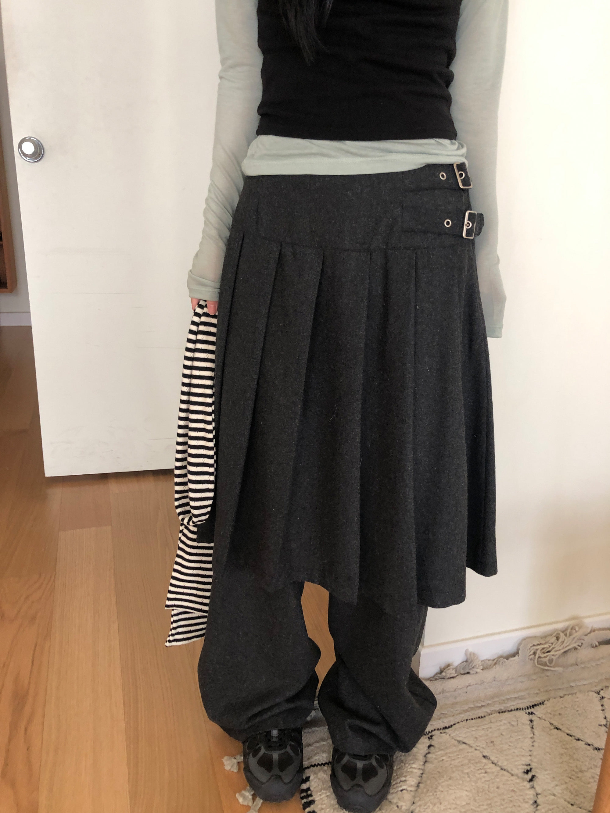Pleated Layered Buckle Skirt Pants
