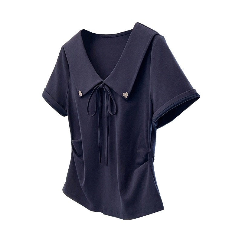 B212(36905) 韩版甜美风蝴蝶结系带大翻娃娃领边爱心扣褶皱腰蓝杏上衣