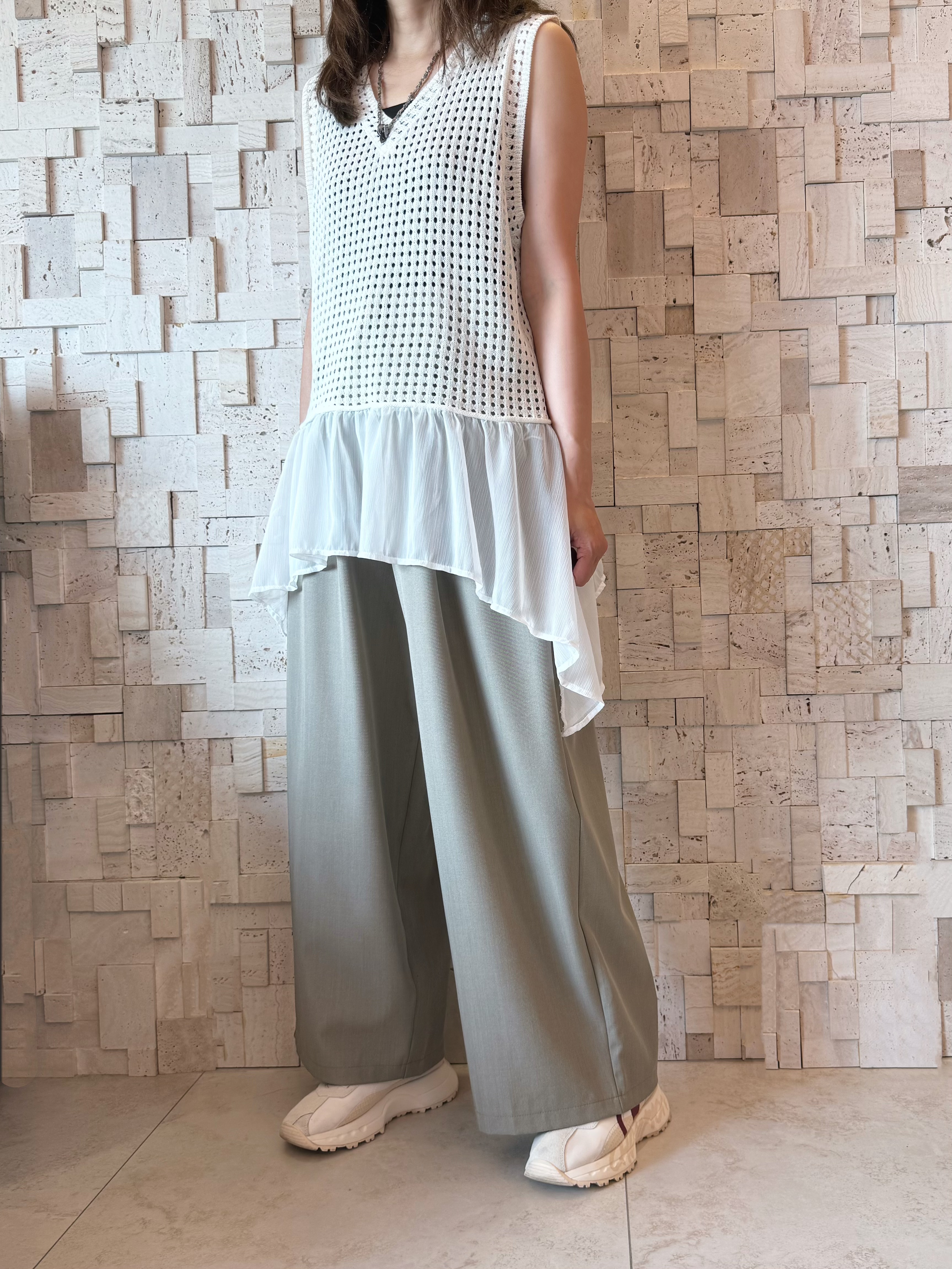 #2096 針織拼薄紗背心☁️