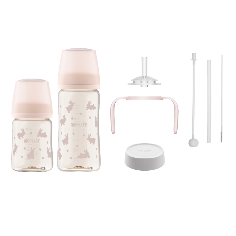 Moyuum - PPSU 寬口防漲氣奶瓶170+270ml(粉紅雪兔)+寬口奶瓶防漏學習吸管套裝(粉紅色)送奶瓶蓋配件(白色)_MY285