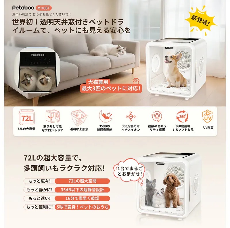 日本品牌 Petaboo 智能寵物烘乾箱 | 72L大容量 | 低噪音速乾 | 多重安全防護 | 狗貓通用