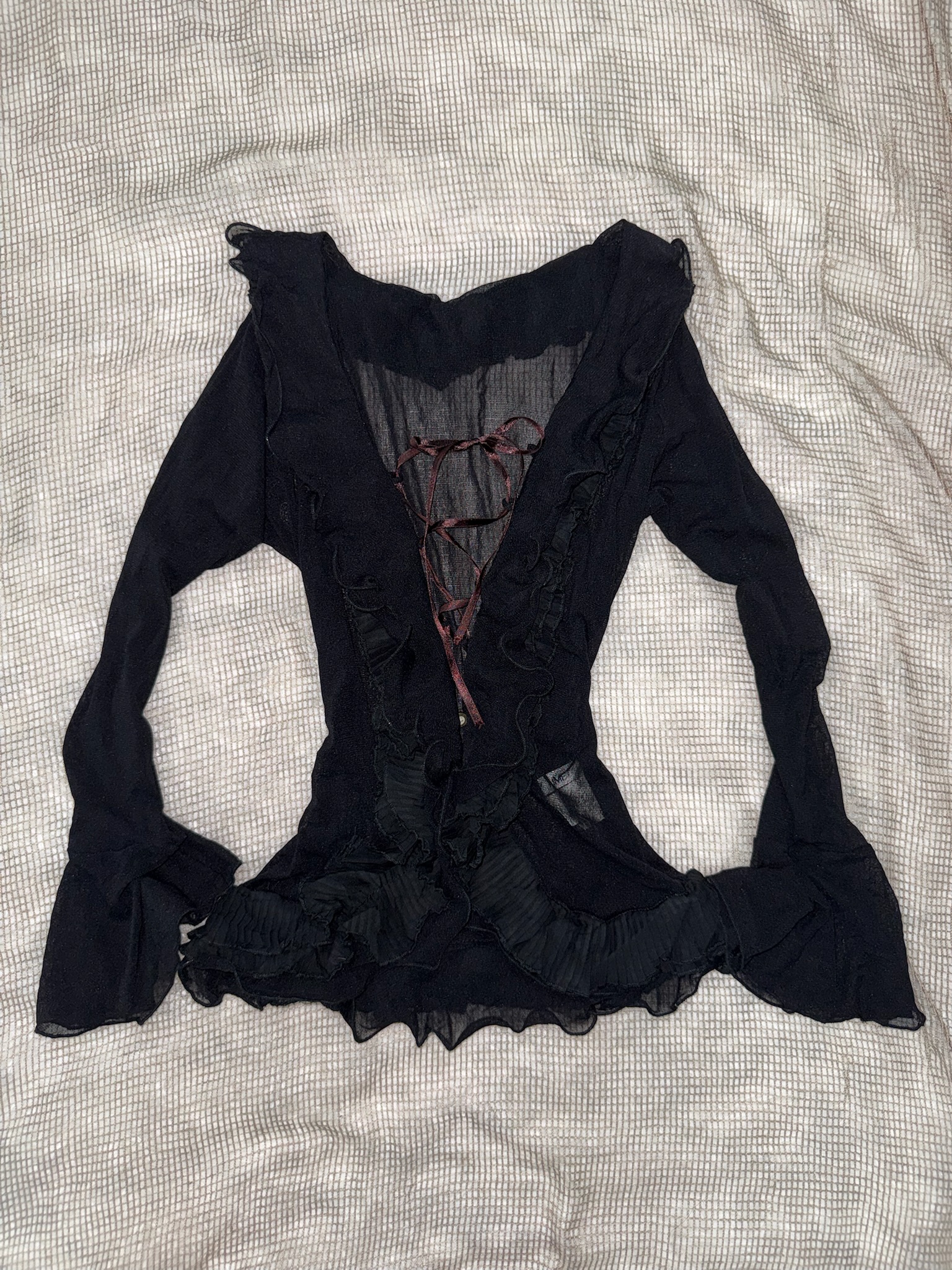 Sheer Mesh Lace-Up Ruffle Blouse