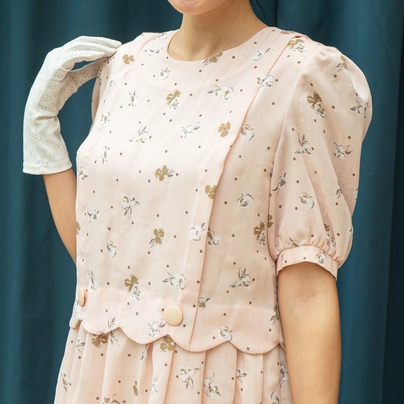 C.a. 1980s Japanese Ralph Baker Pale Pink Scattered Floral Pattern Faux Twin Set Dress (MT1608-67)