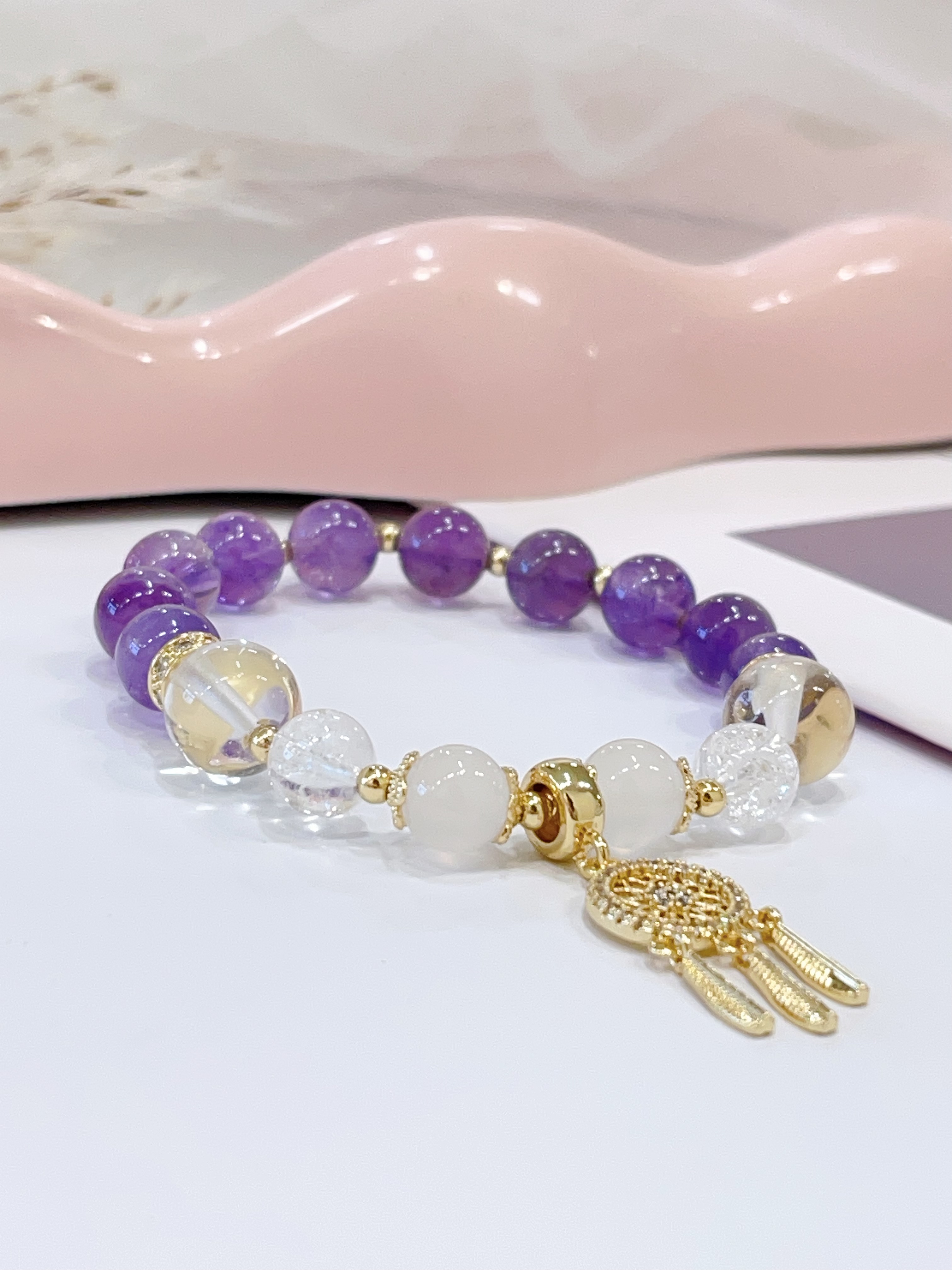 💜🤍 紫水晶 × 白水晶 × 荔枝冻手串 Amethyst, Clear Quartz & Lychee Jelly Stone
