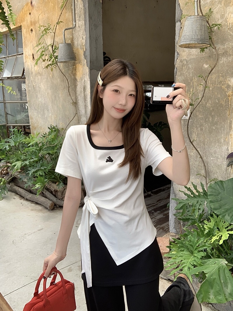 B22(36691) 韩版时尚撞色U领小兔刺绣腰边褶皱绑带开角3色上衣 