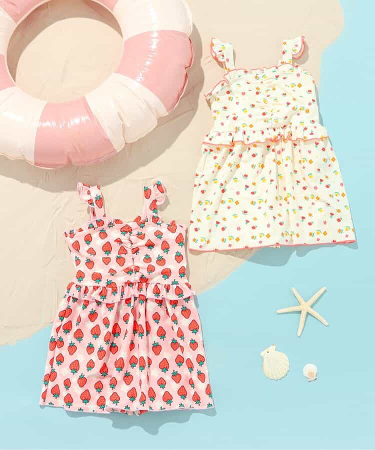 🇯🇵預訂 日本直送🇯🇵BREEZE兩色草莓花卉滿印荷葉邊吊帶連身泳衣