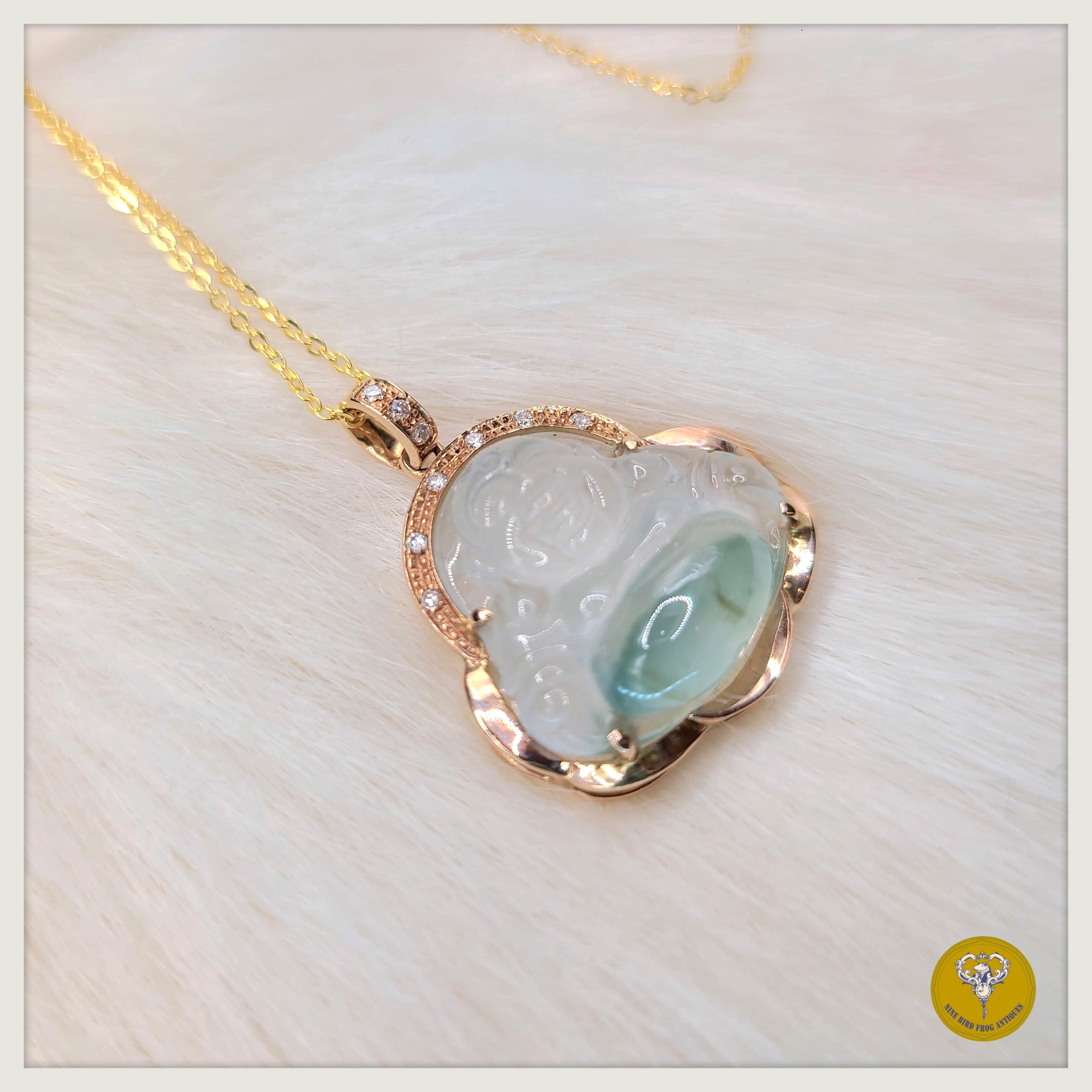 80年代高冰種翡翠彌勒佛鑽石18k金鑲嵌配純銀包金頸鍊（付證書）