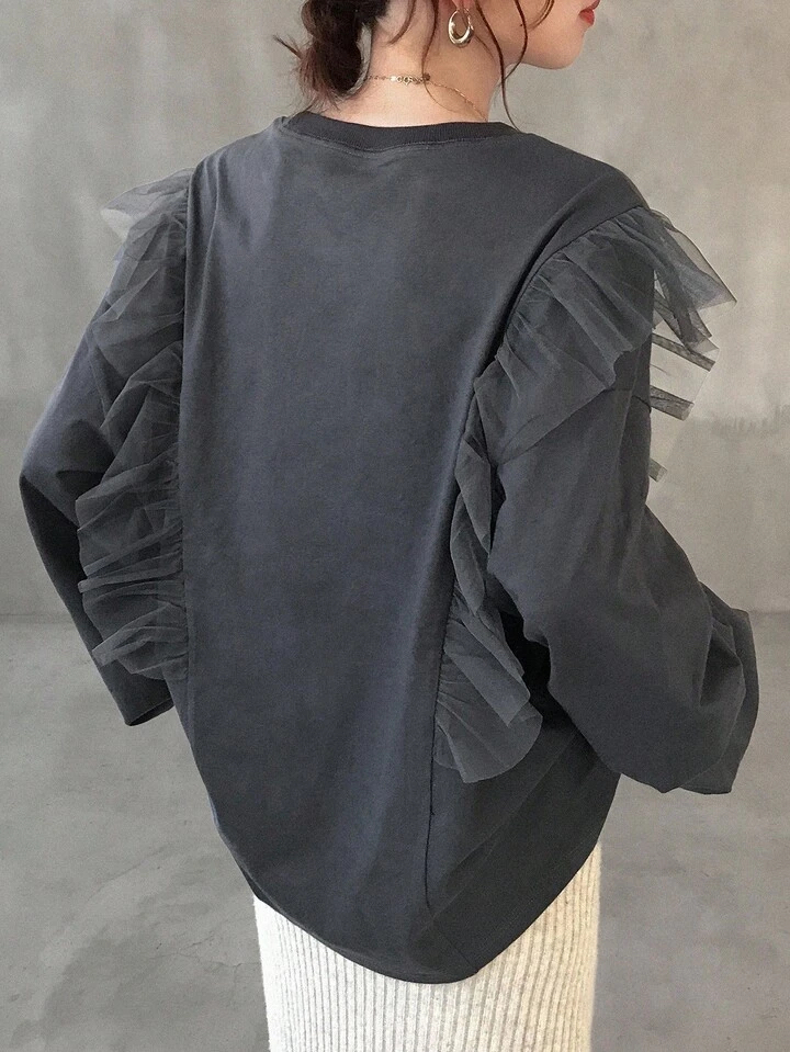 時尚翅膀印花荷葉邊長袖上衣