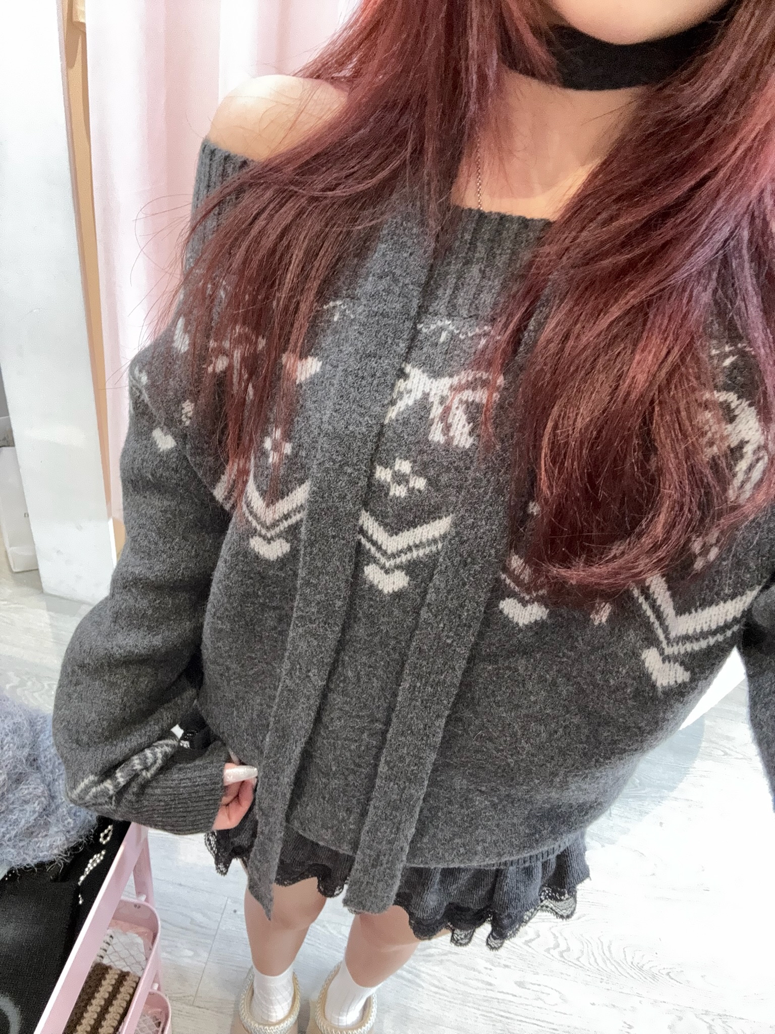 韓國甜美風一字膊蝴蝶結毛衣+掛頸巾