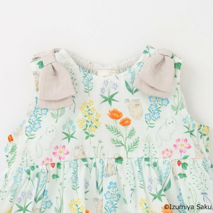 🇯🇵預訂 日本直送🇯🇵Petit Main x Izumiya Saku兩色花卉小貓滿印蝴蝶結短袖包屁裙