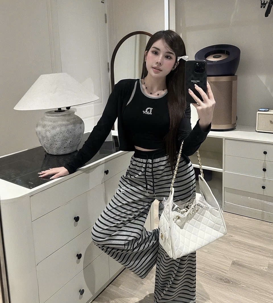 長袖上衣两件套搭配條紋褲 （三件套）