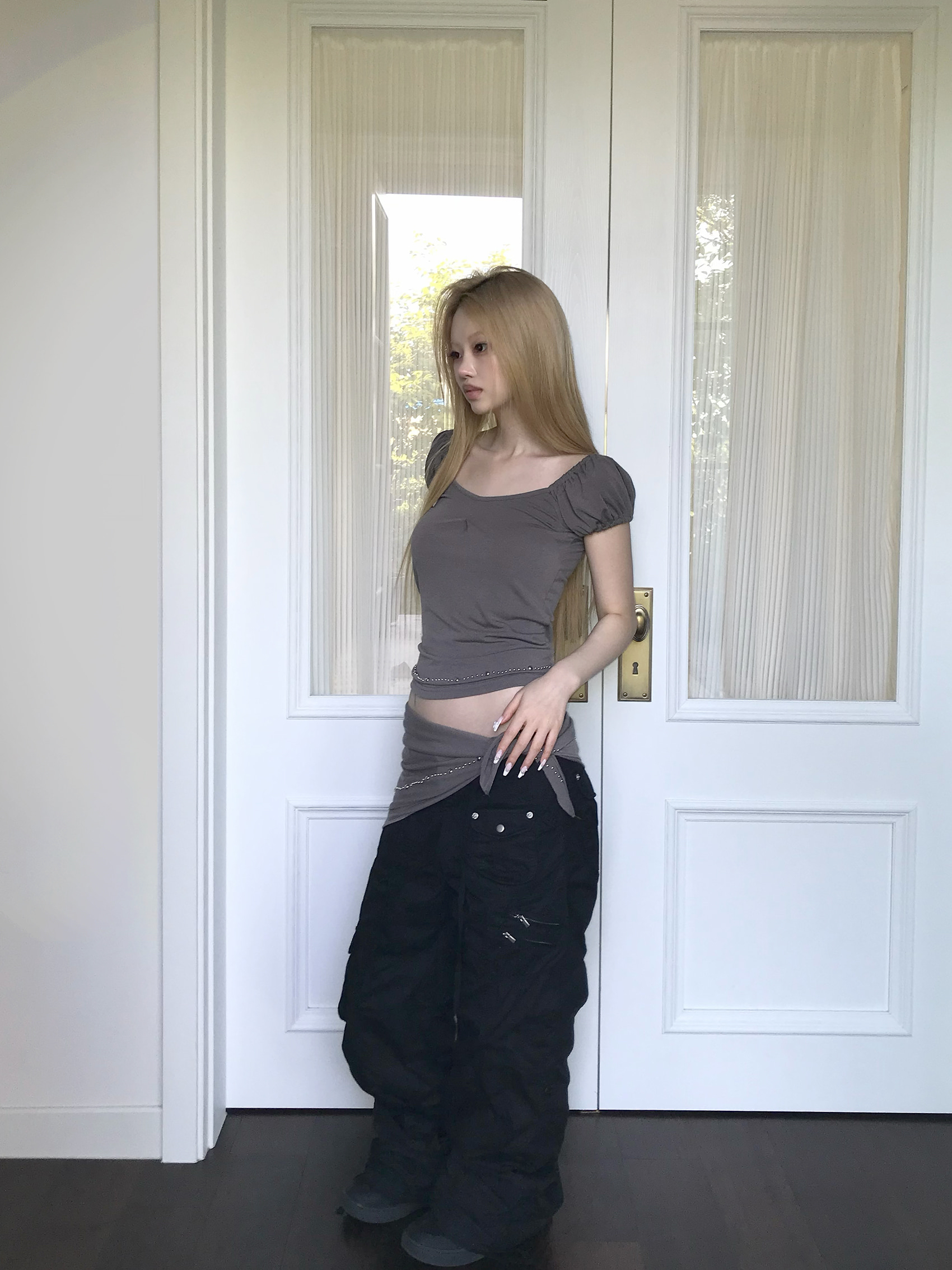 Studded Ruched Cap Sleeve Top