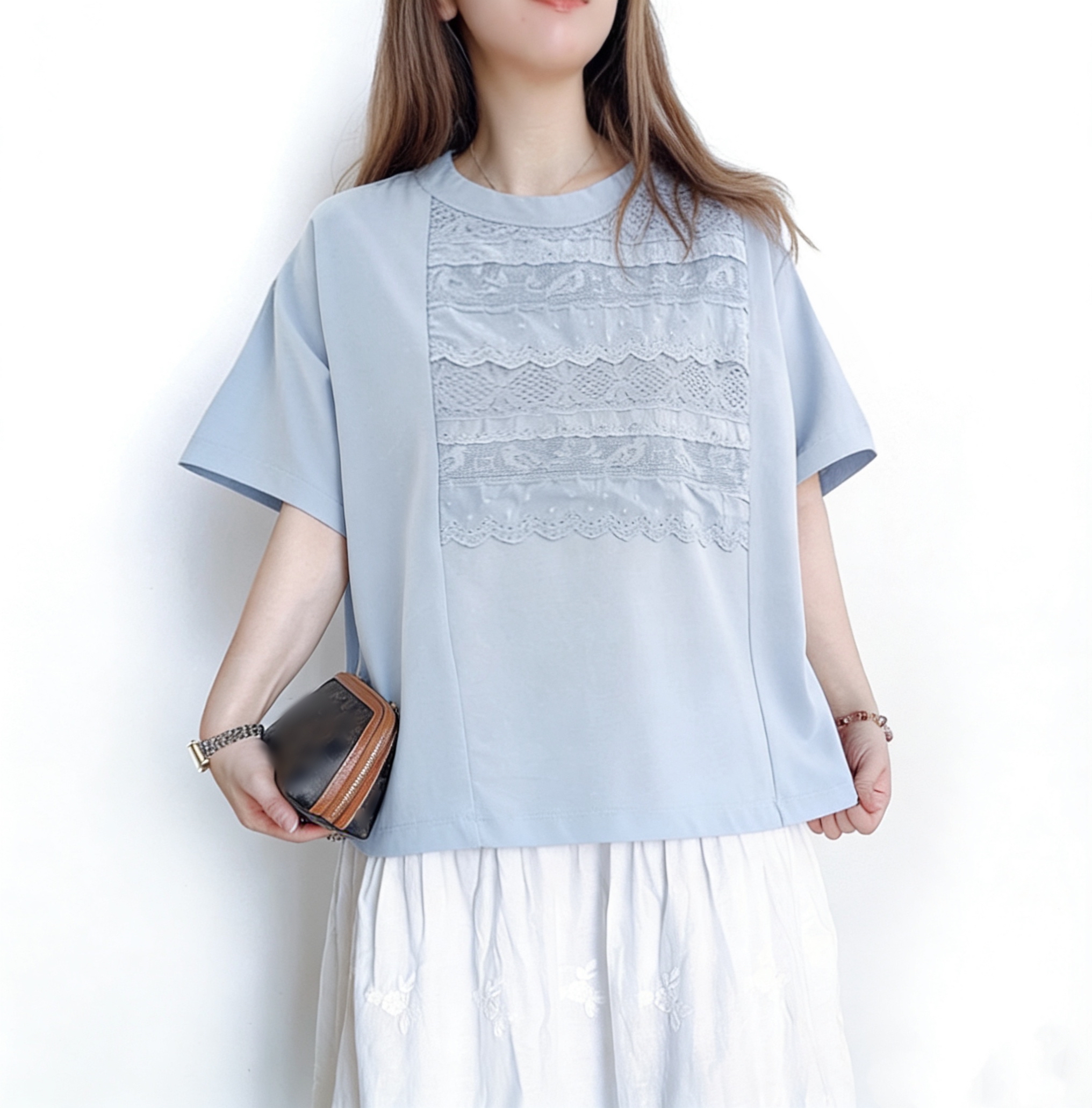 日系LACE刺繡Tee - 灰藍