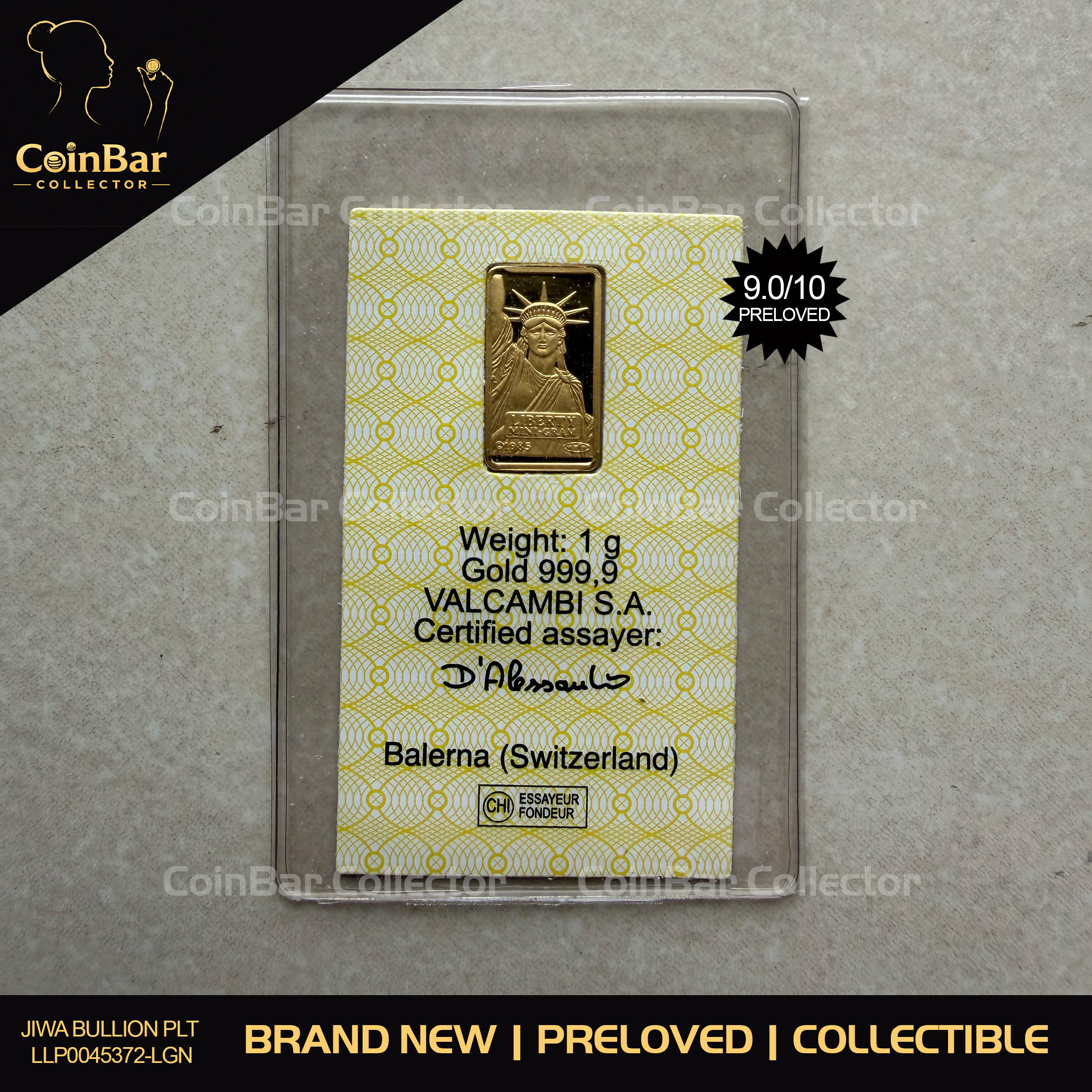 (SN82468) VALCAMBI 🇨🇭RARE Vintage 1985 Liberty 1g Credit Suisse Gold bar Emas 999.9 自由女神